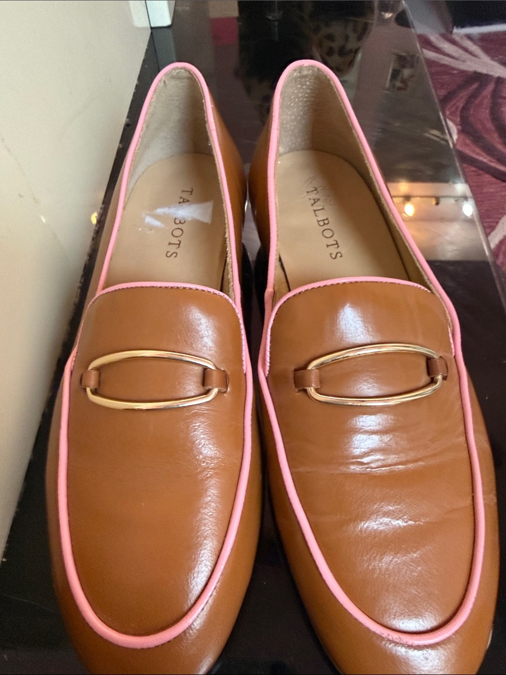 Talbots Tan Leather Loafers with Pink Trim and Gold Accent